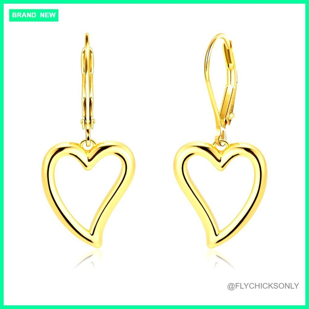 Sterling Silver Heart Dangle Earrings 14K Gold Plated Leverback